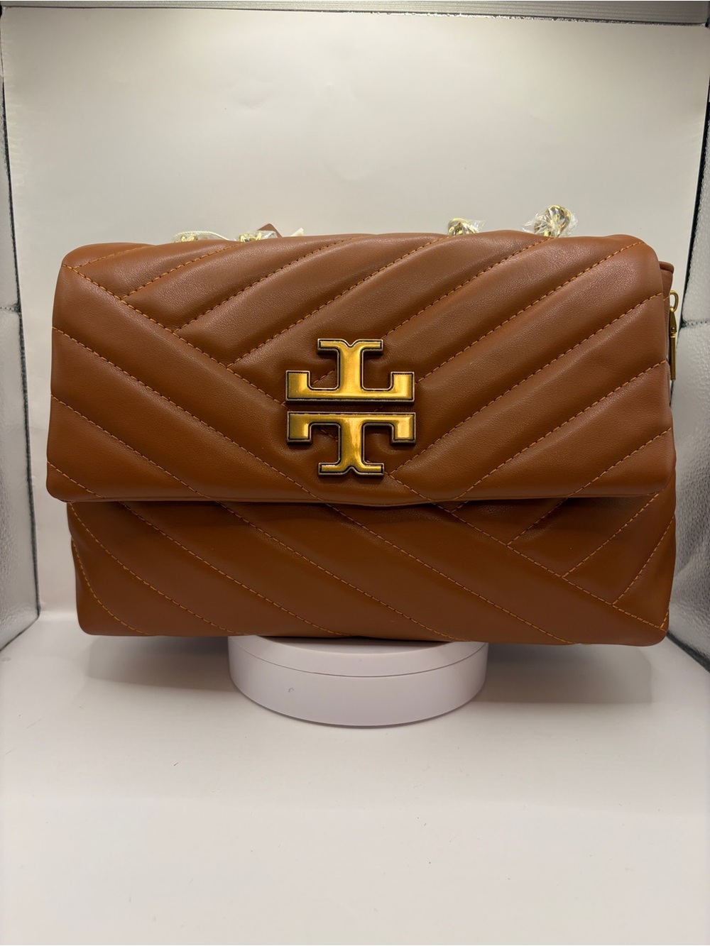 Quilted Chevron Leather Shoulder Bag in Cognac with Gold Logo